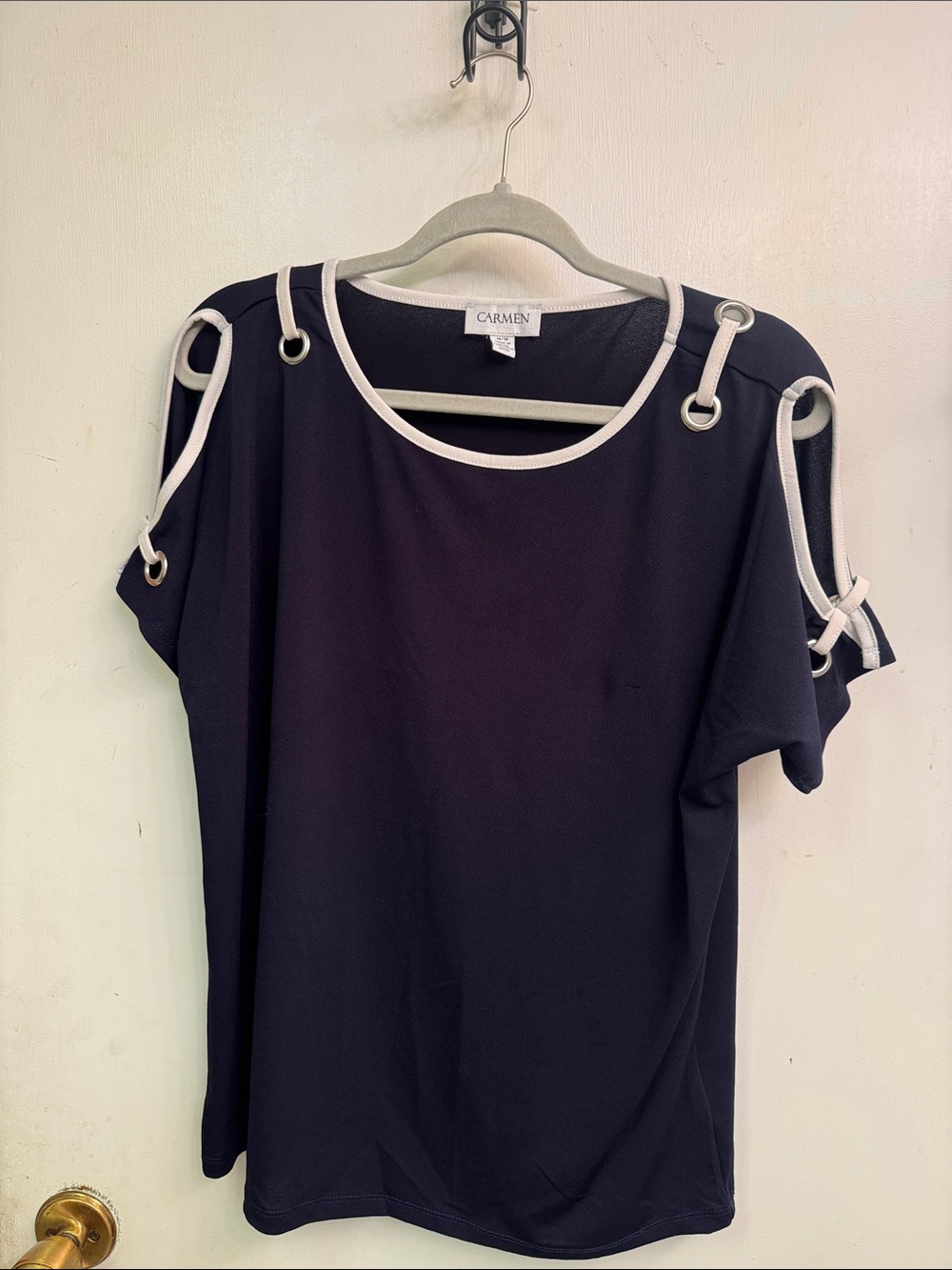 Carmen Marc Valvo Black Top with White Trim and Grommet Detail